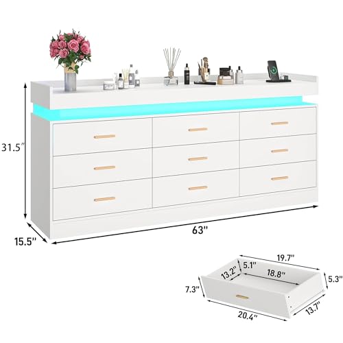 Image of Hlivelood 9 Drawer Dresser with LED Light and Charging Station, 63 inch Modern Chest of Drawers for Closet, Wide Drawer Organizer Cabinet for Bedroom, Living Room, Entryway, Hallway, White