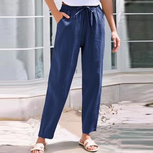 Women Cropped Linen Pants Lightweight Summer Drawstring Pant Petite Length Straight Leg Tapered Pants with Pockets3