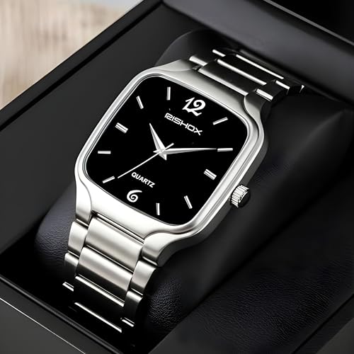 Image of Men's Analog Watch | Black Dial Square Stainless Steel Strap | Slim Quartz Wrist Watch for Men & Boys | Stylish Formal Casual Water Resistant Watch