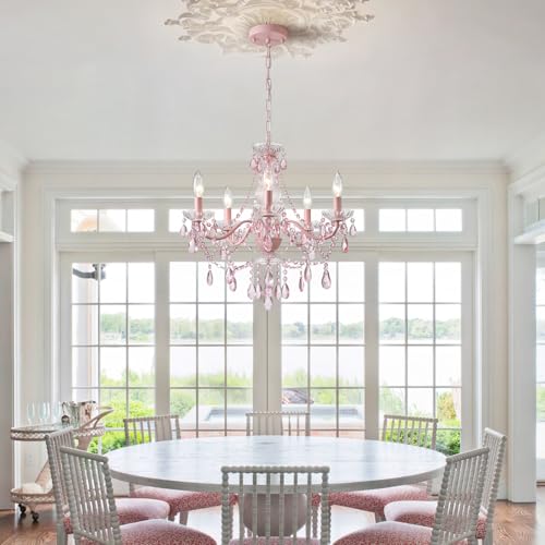 AMZASA Modern Crystal Pink Chandelier, Not Acrylic Crystal,Pink Crystals Hanging Pendant Light for Girls Room,Ceiling Medallions, Farmhouse Glass Chandelier for Wedding, Kitchen, Dining,Foyer,Island - Image 4