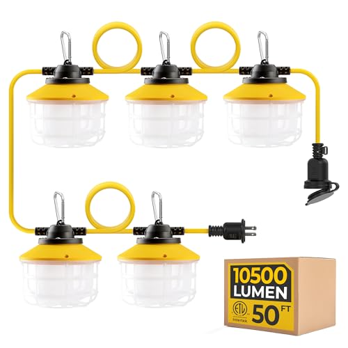 50FT Construction String Lights: 75W Ultra-bright 10500 lumens Linkable ETL Listed 18AWG Wire Industrial Outdoor Temporary Lighting IP65 Waterproof Hanging Led Work Light for Attic Jobsite G