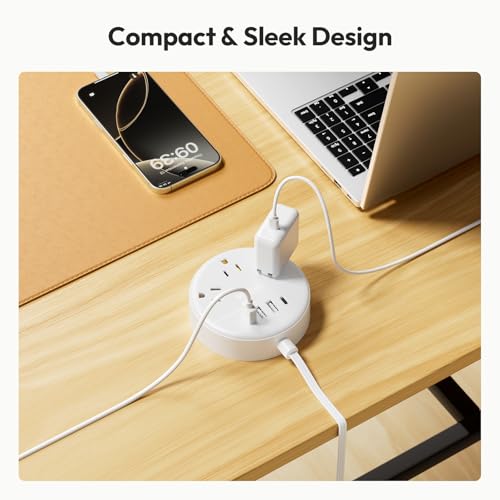 Flat Plug Power Strip with USB Ports, NTONPOWER Nightstand Desktop Charging Station with 5ft Short Extension Cord, Wall Mount, Small Size for Dorm Room Nightstand Office, Travel, White