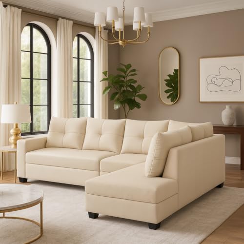 Image of SOCOZI Oriana 6 Seater RHS L Shape Sofa Set | Soft Velvet Suede Fabric | Modern Design | Plush Comfort Cushions for Living Room-Cream