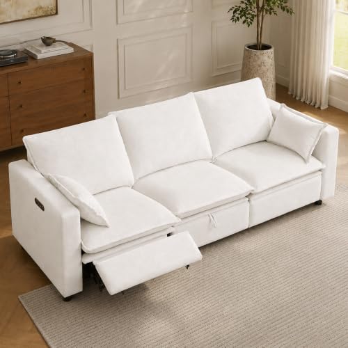 GUEAPY Power Reclining Sofa Cloud Couches for Living Room-Cloud Couch Sectional with Storage Drawer,3 Seater Reclining Couches, Chenille Deep Reclining Sofa with Pillows, USB&Type-C Ports