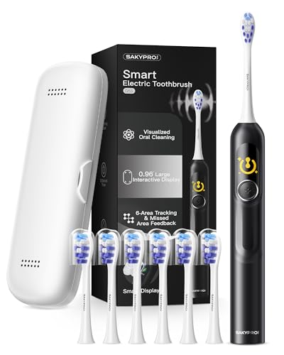 SAKYPRORAL Cepillo de dientes eléctrico inteligente, 6 cabezales de cepillo con estuche de viaje, seguimiento de limpieza de zona AI, 5 modos de cepillado, batería de 150 días, temporizador