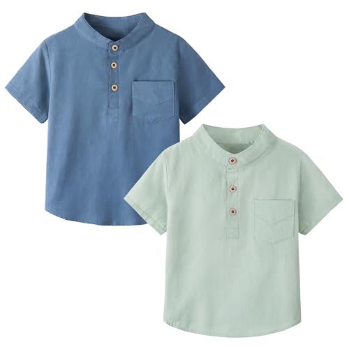 Volunboy Niño tee Camiseta (Pack de 2), Verano Manga Corta Unicolor & Cuadros T-Shirt 1-5 Años（Verde Azul，4-5 años，Tamaño 120）