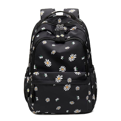 Mädchen-Rucksäcke mit Katzen- oder Gänseblümchen-Aufdruck, wasserabweisend, lässig, Schultaschen, Tagesrucksäcke, Rucksack, Gänseblümchen, Schwarz, Daisy-Only Backpack