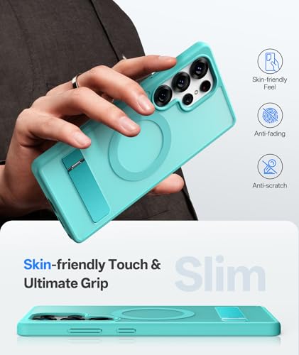 Image of Vihibii PC,Silicone for Samsung Galaxy S25 Ultra Magnetic Back Cover with Kickstand,Compatible with Magsafe & Rugged Shockproof Protective Back,Translucent Matte Phone Case for S25 Ultra 2025,Teal