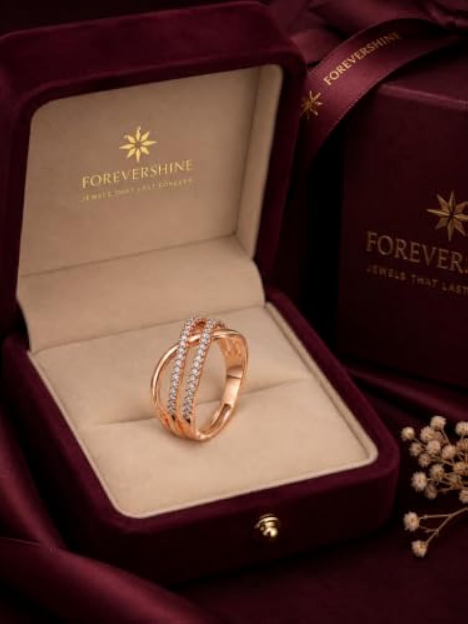 Women's Rose Gold CZ Crossover Adjustable Ring, Elegant