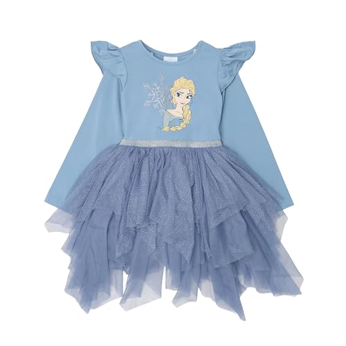 Disney Princess Dress Up to Play for Girls Long Sleeve Tutu & Sparkle Tulle Skirt Princess Elsa Frozen (Dusty Blue 4)