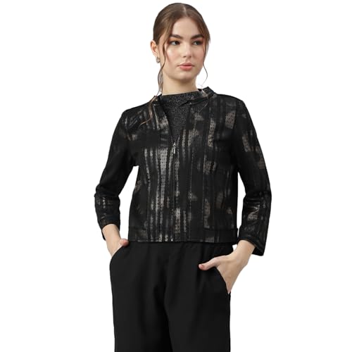 Image of Latin Quarters Women Black Mandarin Collar Long Sleeves Printed Jacket for Casual Wear