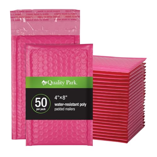 Image of Quality Park Bubble Mailers, 4 x 8 Shipping Envelopes, Self-Seal, Small Pink Padded Envelopes, Redi-Strip Peel Off Closure, 50 Per Box (QUA85917)