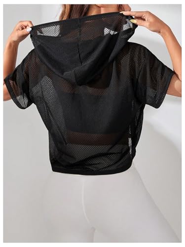 SweatyRocks Women's Short Sleeve Fishnet Hoodies Hollow Out Sports Workout Tops2