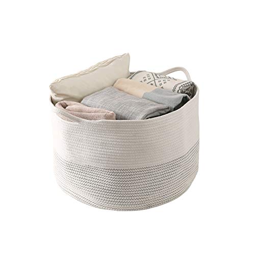 YCOCO Extra Large Storage Baskets with Handles,Decorative Large Rope Blanket Basket for Living Room,Baby Pillows and Towelsand Dog Toy Storage Baskets,21.7\"x13.8\",White