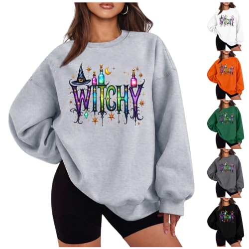 Halloween Sweatshirts for Women Crewneck Oversized Y2k Witchy Tops Grey - image 1