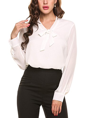 ACEVOG-Damen-Elegant-Business-Chiffonbluse-Schluppenshirt-T-Shirt-mit-Schleife-V-Ausschnitt-Einfarbig-Tops