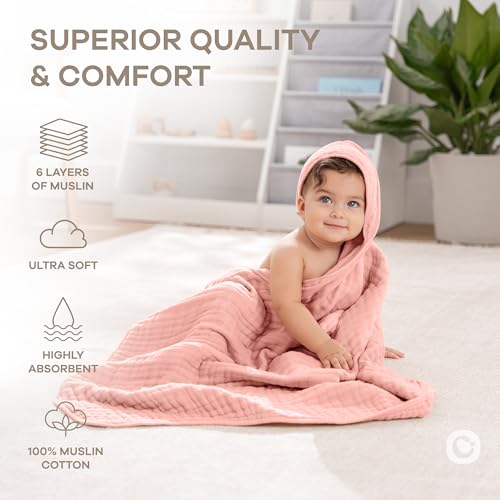 Image of Comfy Cubs Hooded Baby Towel 2-Pack, Large 32 x 32 Inch - 6 Layer 100% Muslin Cotton for Babies, Toddlers and Kids - Soft & Absorbent Baby Bath Towels - Unisex Design for Bath Time - Bold Blush