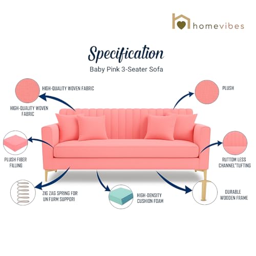 Image of 3 Seater Velum Fabric Sofa Set for Living Room, Modern Design with High Density Foam, Solid Wood Frame, Ergonomic Comfortable Seating for Home & Office (Baby Pink, 3 Seater) | Soft foam comfort, Strong wood frame