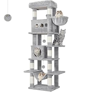 Hzuaneri Kratzbaum groß, 170 cm hoch, Katzenbaum, mit 8 Kratzbäume, 2 Höhlen, groß Plattformen, Waschbare Matte, Hängematte, Plüschbälle, mehrstöckiger katzenkratzbaum, Hellgrau MS17018LG