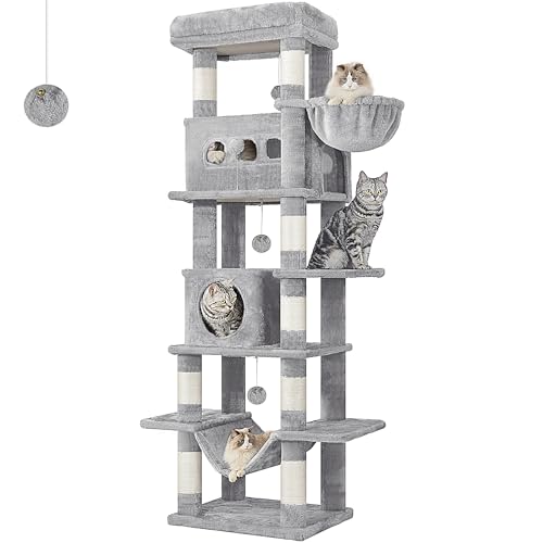 Hzuaneri Albero per Gatti, tiragraffi per gatti adulti 170 cm, xxl, giochi per gatti, Lavabile, trespolo per gattis con 2 Grotte, 8 Tiragraffi, Cestini, Amaca, Pompon, Grigio Chiaro MS17018LG
