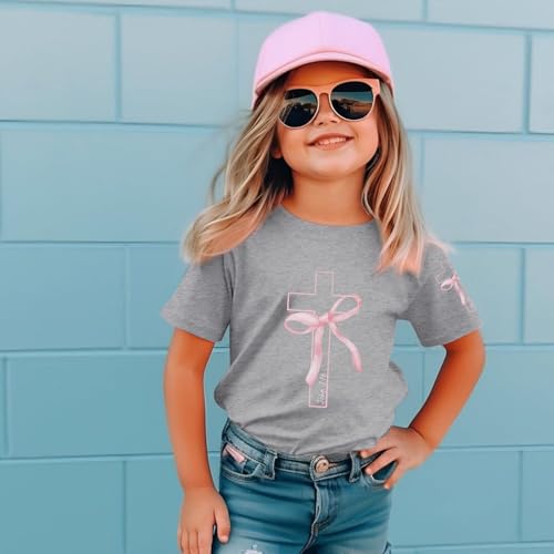 Image of Girls Cute Christian Shirts Kids Pink Bow Shirt Jesus God Faith Tshirts Aesthetic Cross Bible Verse Graphic Tee Tops