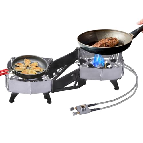 Hornillo de camping, quemador doble plegable, estufa de camping portátil con dos quemadores para cocinar al aire libre, resistente al de alto rendimiento para campamento, horno de picnic al