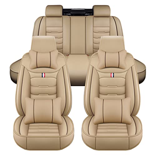 Yajomi Car Seat Covers Fit for Chevrolet Malibu 2000-2021 5 Seat Luxury Wear-Resistant Non-Slip Waterproof Faux Leather Vehicle Cushion Cover Protectors Car Interior Accessories (Beige)