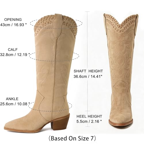Image of Reitoye Cowboy Boots Women Knee High Cowgirl Embroidered Chunky Heel Boots | Block Chunky Heel,Pointed Toe,Half Side Zipper & Pull Tab,Embroidered Tall Boots,Fall Summer Spring Winter Dress Long Boots