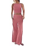 Ugerlov Women's Two Piece Summer Sets Ribbed Tank Crop Top Wide Leg Pants 2 Piece Outfits Matching Lounge Sets Tracksuit, Pink XS