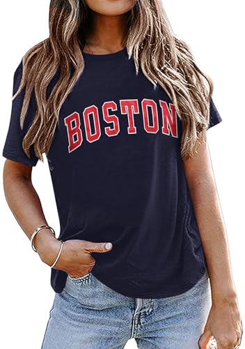Avanova Women Boston Graphic Short Sleeve T-Shirt Crew Neck Casual Summer Tee Top Navy Boston Medium