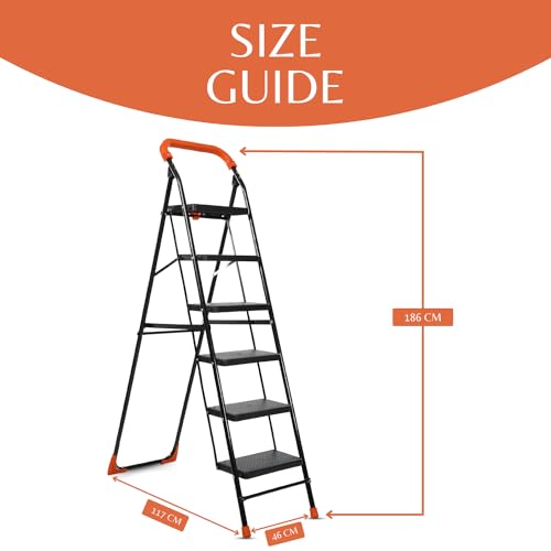 Image of BRANCO Heavy Duty Folding Ladder with Wide Steps | Lifestyle 6 Steps Foldable Ladder | Slip-Resistant | High Strength Long Durable for Home, Kitchen | (Black & Orange)