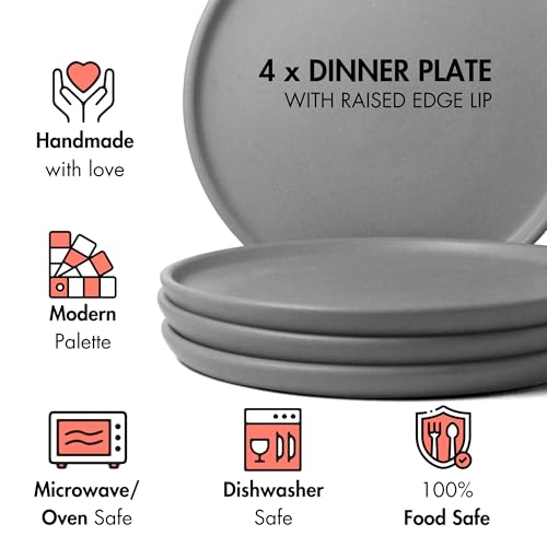 Image of Ceramic Dinner Plates, 4 Pcs | Rim Plate for Easy Eating | Microwave, Oven, Dishwasher Safe | Set of 4 Ceramic Plates for Dinner | Handmade | (Pebble Grey, Set of 4 Dinner Plates)