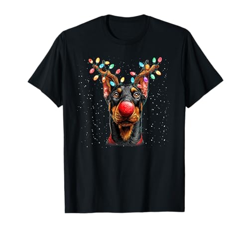 Niedlicher Dobermann Hund Rentier Weihnachten T-Shirt