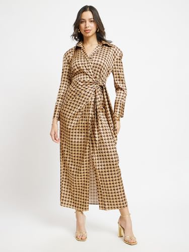 Image of FableStreet Women's Casual Shirt Collar Printed Polyester Midi Dress