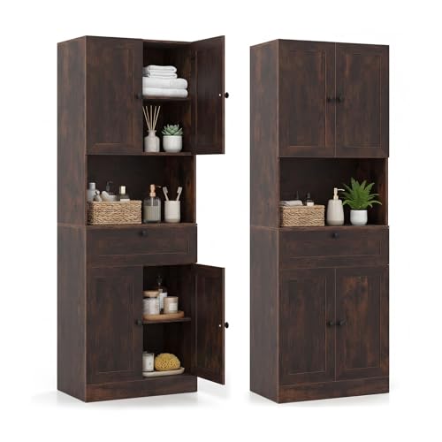 LIFEZEAL Armoire de Salle de Bain Haute, Meuble de Rangement 3 Niveaux en Bois avec 4 Portes, 1 Tiroir, Compartiment Ouvert, Étagère Réglable, Armoire...