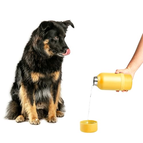 Ubbi Pup & Me Stainless Steel Insulated Portable 32 oz. Water Bottle for Dogs and Owners with Attached Dog Bowl, Yellow