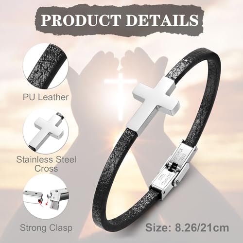 Mens Cross Leather Bracelet for Men, Christian Mens Cross Bracelets, Jesus Faith Religious Easter Catholic Communion Baptism Christmas Jewelry Gift for Men4