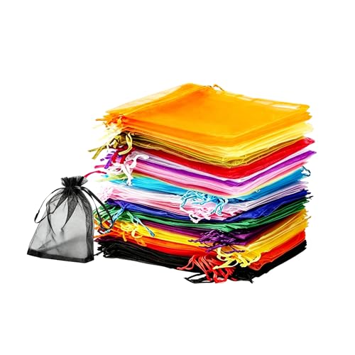 100 Pièces Sachet Organza 10x15cm Couleurs Mélangées Aléatoires, Pochette Cadeau Transparente, Petit Sac Cadeau pour Bijoux, Pochon Tissu pour Dragées...