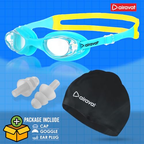 Image of AIRAVAT Hydro 0027 Swimming kit, Swimming Set With Swimming Goggle Nose & Ear Plug And Swim Cap | Optic Quality Poly carbonate Lenses, 100% UV Protection Anti-fog Coated, Ultra Durable (Cyan)