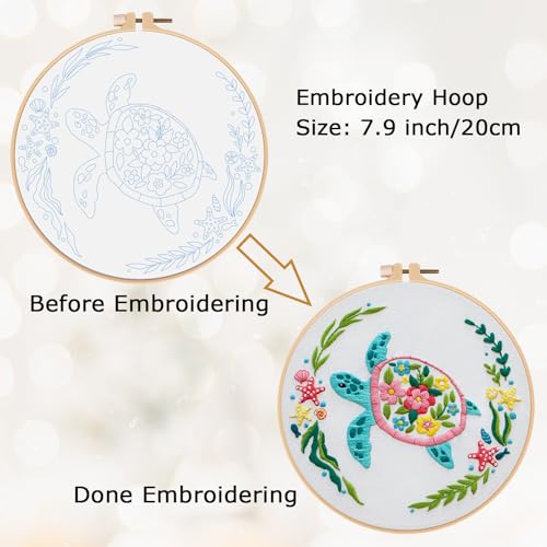 Image of Louise Maelys Sea Turtle Embroidery Kit for Beginners | Cross Stitch Starter Kit for Adults,Stamped Pattern, Hoop, Needles, Threads And Instructions, Easy Craft Gift And Room Decor