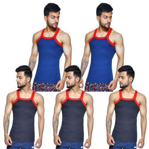 Image of Binaca Premium Men's Ribbed Vest, Pack of 3 & 5 Sleeveless Cotton Gym and Sports Vests for Men - Versatile Inner Vest and Sando Baniyan