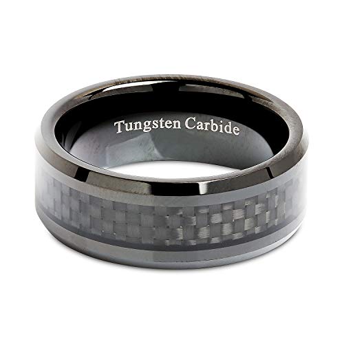 100S JEWELRY 8mm Tungsten Carbide Ring Carbon Fiber Inlay Black Plated Wedding Band Size 6-164
