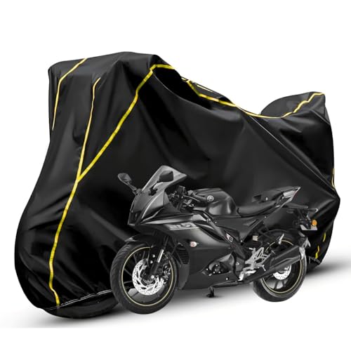 Image of Waterproof Bike Body Cover Compatible with Yamaha R15 Dustproof Scratchproof - Motorcycle Cover for Two Wheeler, Outdoor Full Cover with UV, Duty, Rain Protection (Black & Yellow) R1