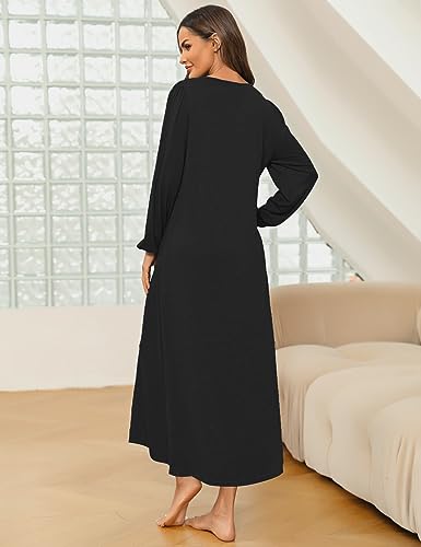 Marvmys Womens Cotton Long Sleeve Nightgown Long Sleepshirts Full Length Henley Sleep Dress with Pockets4
