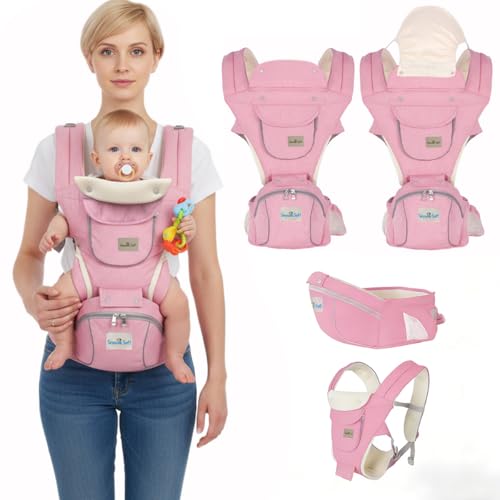 Image of SNOWIE SOFT 3 in 1 Baby Carrier for 0 to 3 Year Baby, Ergonomic Variable Baby Carrier with Detachable Hip Seat, Adjustable Straps, Head Guard, Breathable Padded Cotton, Max Weight Up to 20 Kg (Pink)