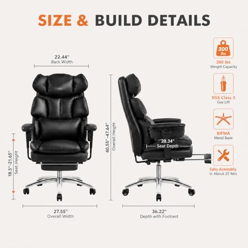 Image of Big and Tall Ergonomic Office Chair with Footrest, Executive High Back PU Leather Desk Chair, Reclining Computer Chair with Adjustable Lumbar Support and Armrests, Swivel Rolling Gaming Chair, Black