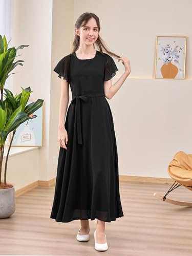 GORLYA Girls Scoop Neck Ruffle Sleeve Vintage Elegant Flowy Wedding Party Long Maxi Chiffon Dress 10-16Y3