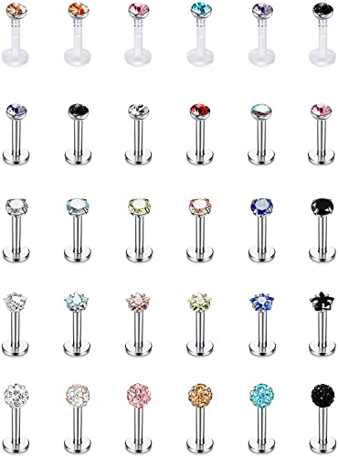 Adramata 30Pcs 18G Goujons à Lèvres Labret Monroe Goujons de Nez Oreille Piercings Acier Inoxydable/Acrylique Hypoallergénique CZ Cartilage Tragus Helix Barbell Corps Piercing Bijoux