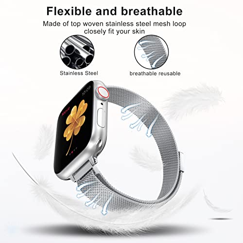 Image of Compatible with Apple Watch Band, Stainless Steel Slim & Thin Mesh Magnetic Clasp Strap Women and Girl Replacement Band for iWatch Series SE 6 5 4 3 2 1 (38mm /40mm /41mm, Silver)