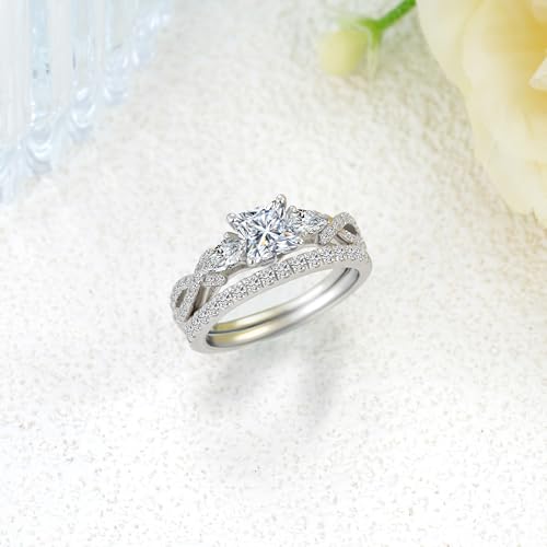 2 Carat(ctw) Princess-Cut Moissanite Engagement Rings Sets for Women,925 Sterling Silver 3 Stones Infinity Wedding Rings Sets,Bridal Ring Set for Anniversary Birthday4